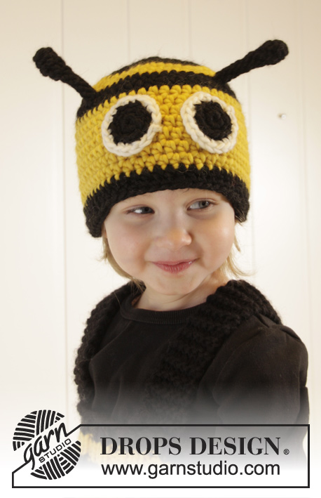 Bee Happy / DROPS Extra 0-1013 - Strikket bi bukser og hæklet bi hue til baby og børn i DROPS Snow. Arbejdet strikkes og hækles med striber. Størrelse 1 - 6 år