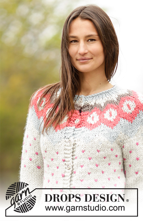 Winter Poppies Cardigan / DROPS Extra 0-1137 - Knitted DROPS jacket with round yoke and Nordic pattern in “Andes”. Size: S - XXXL.