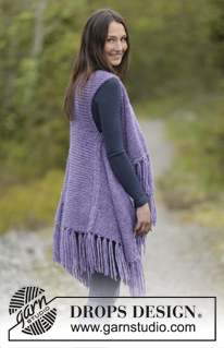 Frosted Violet / DROPS Extra 0-1158 - Strikket DROPS vest i 1 tråd Cloud eller 2 tråder Air i glstrikk med frynser, strikket sidelengs. Str S - XXXL