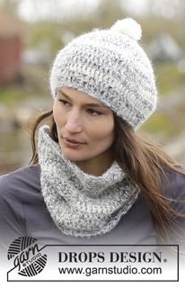 Irish Cloud Set / DROPS Extra 0-1253 - Komplekt: DROPS Brushed Alpaca Silk ja Fabel lõngast heegeldatud tutiga müts ja torusall