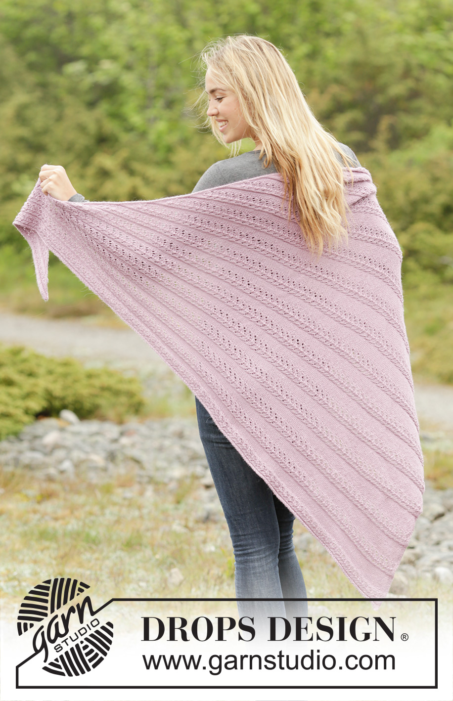 Pink Cascade / DROPS Extra 0-1319 - Knitted shawl with lace pattern in DROPS BabyAlpaca Silk, worked from side to side.
