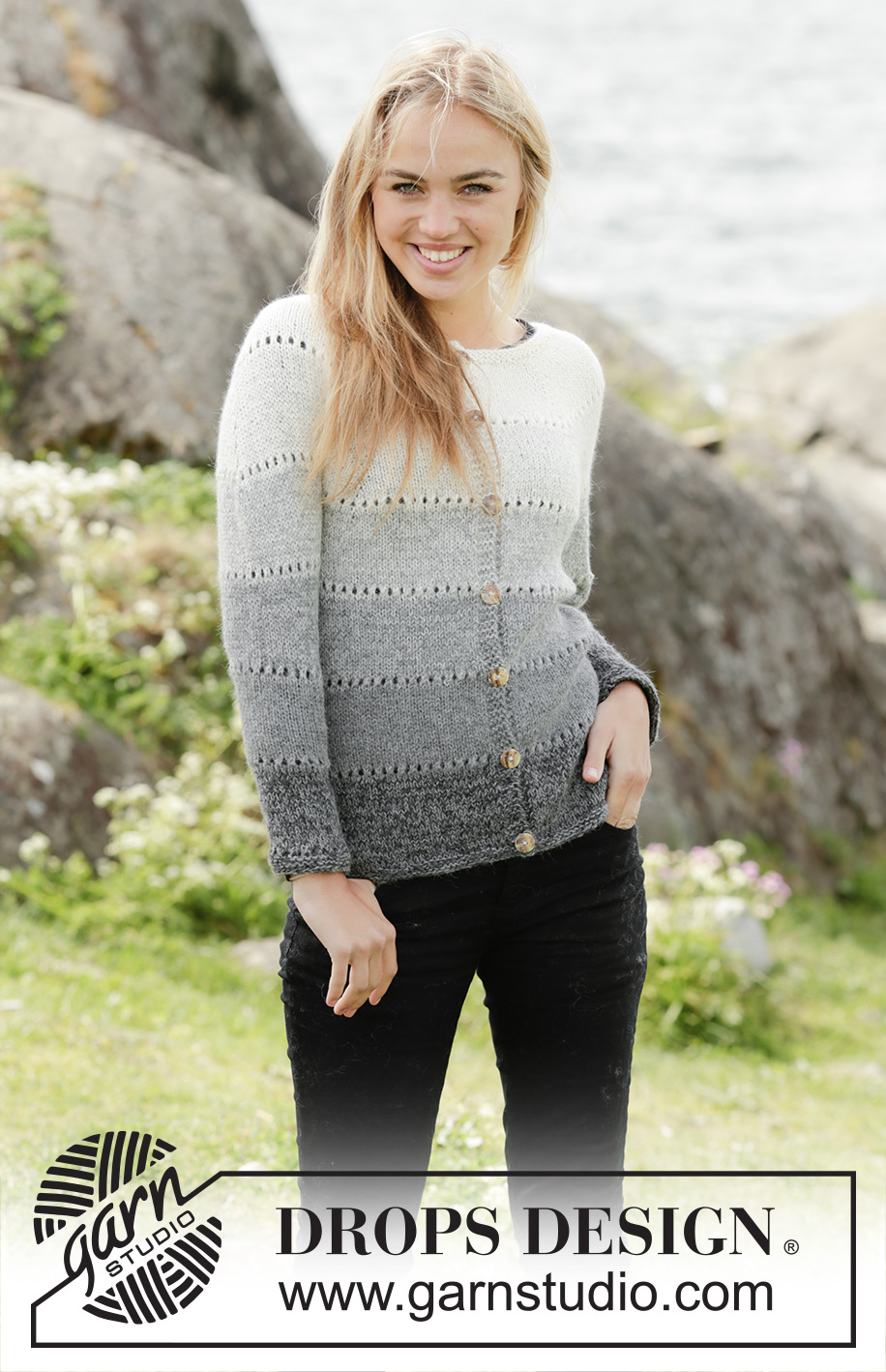 Shades of Grey Cardigan / DROPS Extra 0-1325 - Gebreid vest van 2 draden DROPS Alpaca met ronde pas, strepen en kantpatroon, wordt van boven naar beneden gebreid. Maat: S - XXXL.