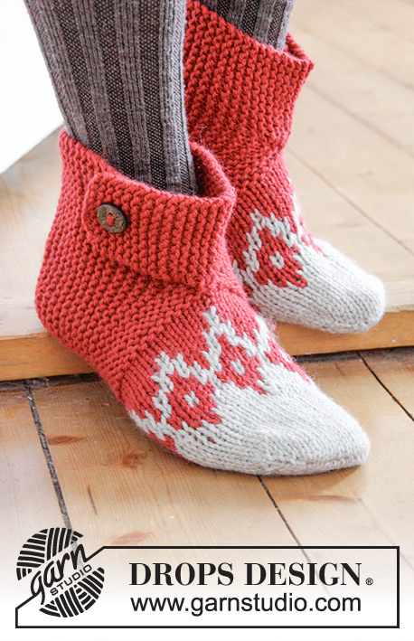 Ruby Toes / DROPS Extra 0-1342 - Strikkede tøfler til jul med nordisk mønster og riller i DROPS Nepal, strikket fra tåen og opp. Str 35 - 42.