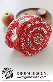 Heart Harvest / DROPS Extra 0-1508 - Crocheted basket with hearts in 2 strands DROPS Paris. Theme: Christmas.