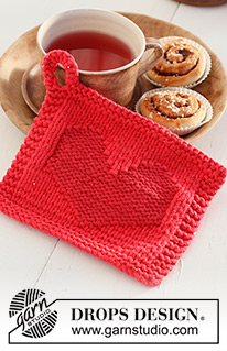 Heart of the Morning / DROPS Extra 0-1524 - Gestrickter Topflappen mit Herz in 2 Fäden DROPS Paris. Thema: Valentinstag.