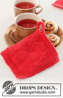 Heart of the Morning / DROPS Extra 0-1524 - Gestrickter Topflappen mit Herz in 2 Fäden DROPS Paris. Thema: Valentinstag.