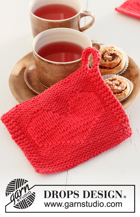 Heart of the Morning / DROPS Extra 0-1524 - Gestrickter Topflappen mit Herz in 2 Fäden DROPS Paris. Thema: Valentinstag.