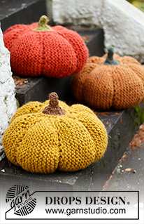 Hello Cinderella / DROPS Extra 0-1540 - Polštář dýně pletený z dvojité příze DROPS Snow. Motiv: Halloween.