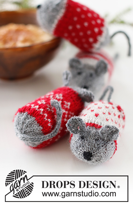 Christmas Mice / DROPS Extra 0-1548 - Knitted Mouses Christmas decoration, with Nordic pattern and stripes in DROPS Fabel. Theme: Christmas.