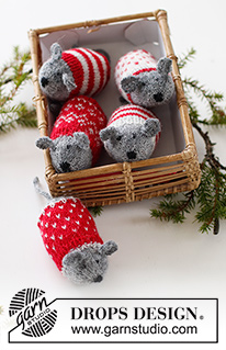 Christmas Mice / DROPS Extra 0-1548 - Knitted Mouses Christmas decoration, with Nordic pattern and stripes in DROPS Fabel. Theme: Christmas.