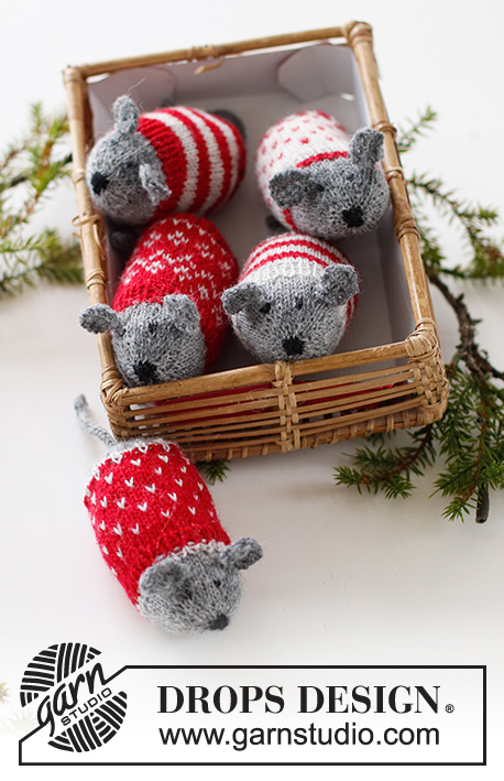 Christmas Mice / DROPS Extra 0-1548 - Knitted Mouses Christmas decoration, with Nordic pattern and stripes in DROPS Fabel. Theme: Christmas.