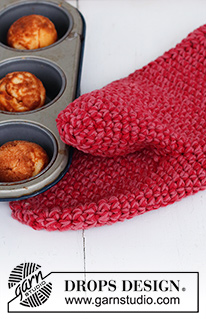 Holiday Mitts / DROPS Extra 0-1550 - Crocheted barbeque mitten in 2 strands DROPS Paris. Theme: Christmas.