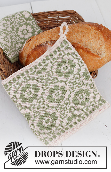 Forest Flowers / DROPS Extra 0-1552 - Gebreide pannenlappen met Scandinavisch patroon in DROPS Belle. Thema: Kerst.
