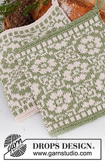 Forest Flowers / DROPS Extra 0-1552 - Gebreide pannenlappen met Scandinavisch patroon in DROPS Belle. Thema: Kerst.