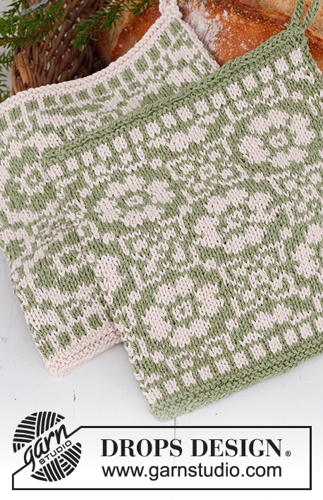 Forest Flowers / DROPS Extra 0-1552 - Gebreide pannenlappen met Scandinavisch patroon in DROPS Belle. Thema: Kerst.
