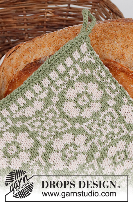 Forest Flowers / DROPS Extra 0-1552 - Gebreide pannenlappen met Scandinavisch patroon in DROPS Belle. Thema: Kerst.