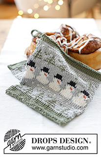Snowman Time Potholders / DROPS Extra 0-1575 - Knitted pot-holders with Nordic pattern, snowmen and Christmas trees in DROPS Cotton Light. Theme: Christmas.