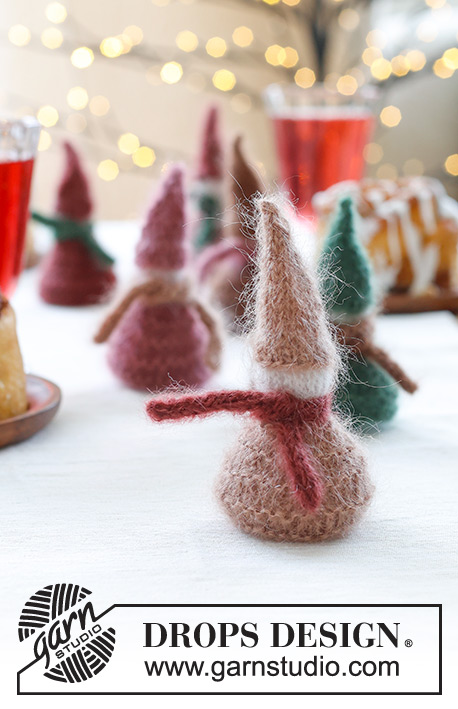 Breakfast Elves / DROPS Extra 0-1579 - Knitted elves in 2 strands DROPS Kid-Silk. The piece is worked bottom up, with hat and scarf. Theme: Christmas.