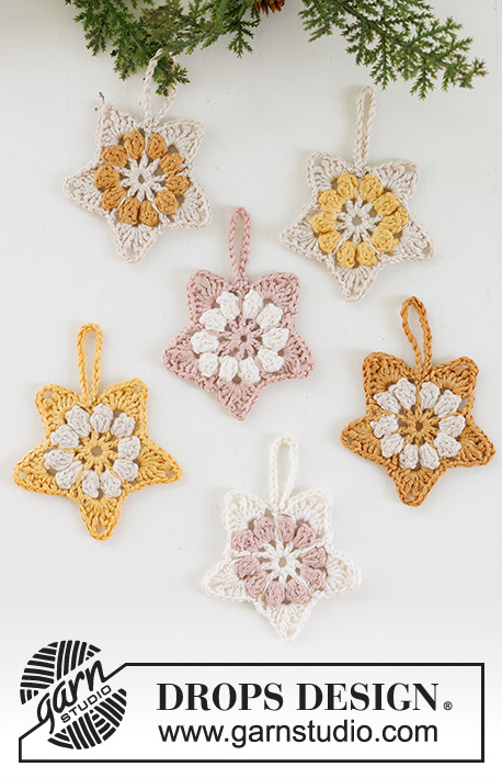 Blooming Stars / DROPS Extra 0-1581 - Crocheted stars Christmas decoration in DROPS Muskat. Theme: Christmas.