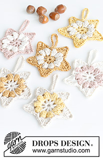 Blooming Stars / DROPS Extra 0-1581 - Crocheted stars Christmas decoration in DROPS Muskat. Theme: Christmas.