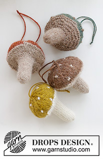 Enchanted Mushrooms / DROPS Extra 0-1584 - Knitted mushroom/Christmas decoration in Alpaca with garter stitch or stocking stitch and French knots. Work from bottom up. Theme: Christmas.