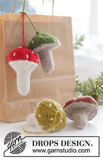 Enchanted Mushrooms / DROPS Extra 0-1584 - Knitted mushroom/Christmas decoration in Alpaca with garter stitch or stocking stitch and French knots. Work from bottom up. Theme: Christmas.