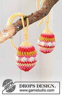 Easter Eggs / DROPS Extra 0-1599 - Crocheted Easter eggs in DROPS Paris. Piece is worked in the round top down with bobbles and stripes. Theme: Easter.