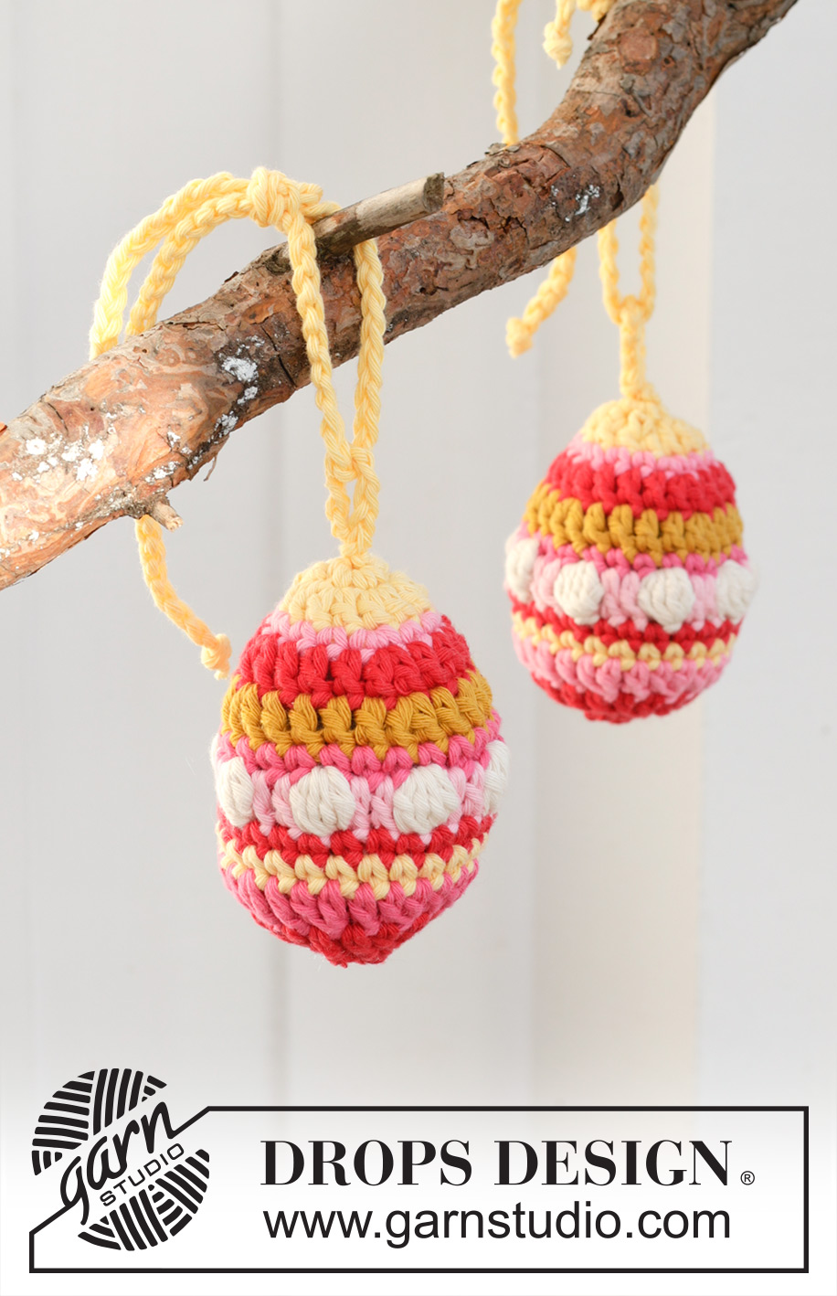 Easter Eggs / DROPS Extra 0-1599 - Crocheted Easter eggs in DROPS Paris. Piece is worked in the round top down with bobbles and stripes. Theme: Easter.