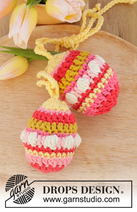 Easter Eggs / DROPS Extra 0-1599 - Crocheted Easter eggs in DROPS Paris. Piece is worked in the round top down with bobbles and stripes. Theme: Easter.