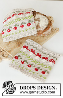 Mushroom Season Potholders / DROPS Extra 0-1603 - Agarradores de punto en DROPS Cotton Light. La pieza está tejida con patrón jacquard multicolor de setas y bayas. Tema: Navidad.