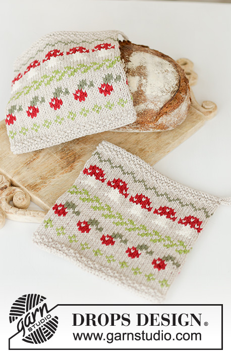 Mushroom Season Potholders / DROPS Extra 0-1603 - Agarradores de punto en DROPS Cotton Light. La pieza está tejida con patrón jacquard multicolor de setas y bayas. Tema: Navidad.