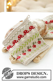 Mushroom Season Potholders / DROPS Extra 0-1603 - Agarradores de punto en DROPS Cotton Light. La pieza está tejida con patrón jacquard multicolor de setas y bayas. Tema: Navidad.