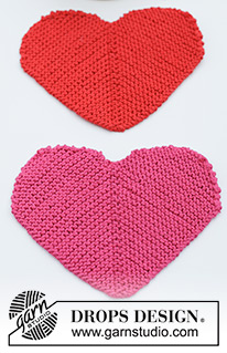 Heart Coasters / DROPS Extra 0-1622 - Prjónuð glasamotta / hjarta úr DROPS Cotton Light. Stykkið er prjónað fram og til baka eins og dominoferningur með hálfum hringjum í 2 hliðum. Þema. Valentínusardagur.