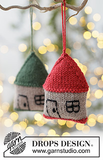 Merry Village / DROPS Extra 0-1625 - Domek / ozdoba świąteczna na drutach z włóczek DROPS Alpaca lub DROPS Lima. Przerabiany na okrągło, od dołu do góry. Temat: Boże Narodzenie.