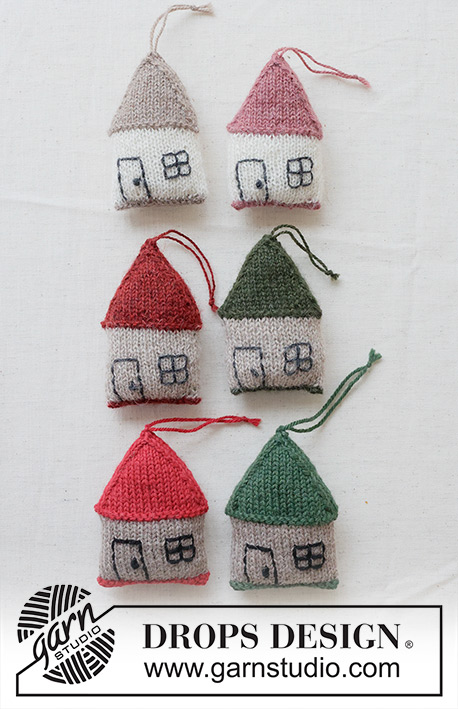 Merry Village / DROPS Extra 0-1625 - Domek / ozdoba świąteczna na drutach z włóczek DROPS Alpaca lub DROPS Lima. Przerabiany na okrągło, od dołu do góry. Temat: Boże Narodzenie.