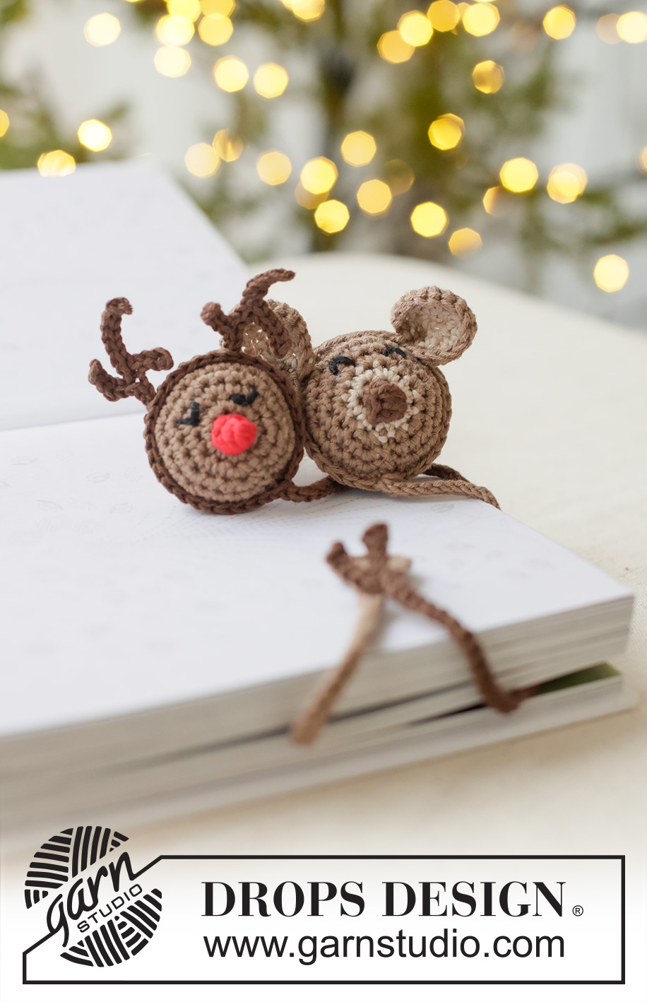Forest Friends Bookmark / DROPS Extra 0-1626 - Marque-pages crochetés en DROPS Safran. Se crochète en rond à partir du centre pour former un renne et un ours. Thème: Noël.