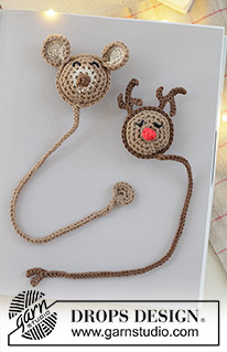 Forest Friends Bookmark / DROPS Extra 0-1626 - Marque-pages crochetés en DROPS Safran. Se crochète en rond à partir du centre pour former un renne et un ours. Thème: Noël.