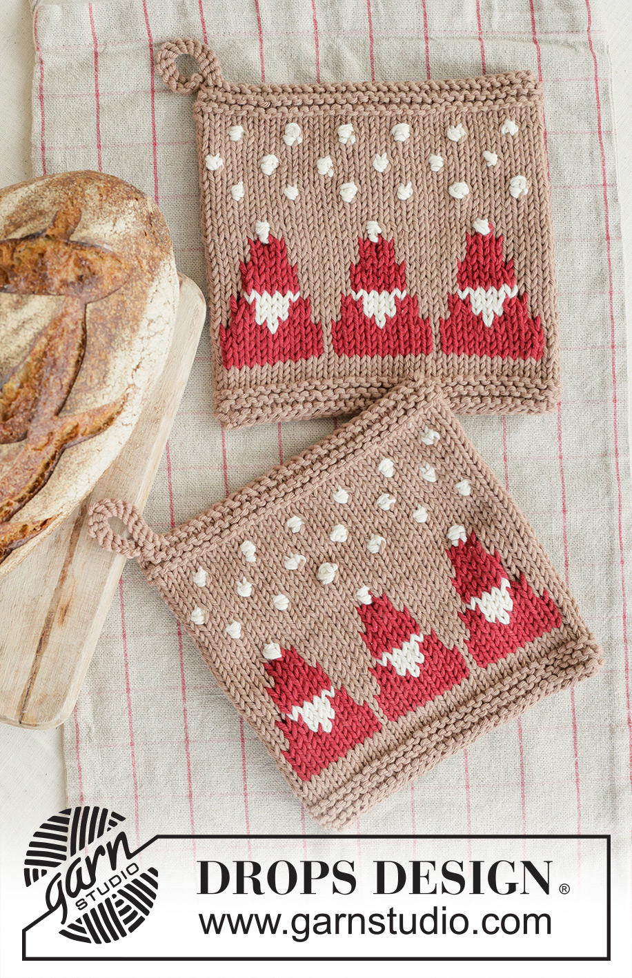Snowy Claus Potholders / DROPS Extra 0-1627 - Knitted pot holder in DROPS Paris. The piece is worked bottom up with Santas, bobbles and snowflakes. Theme: Christmas.