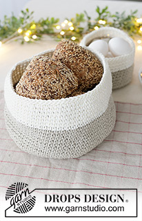 Frosted Linen Basket / DROPS Extra 0-1643 - Heklede kurver i 2 tråder DROPS Bomull-Lin. Tema: Jul.