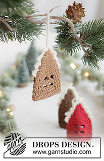 Gingerbread Lane / DROPS Extra 0-1664 - Crocheted gingerbread house / Christmas decoration in DROPS Safran. Piece is worked bottom up. Theme: Christmas.