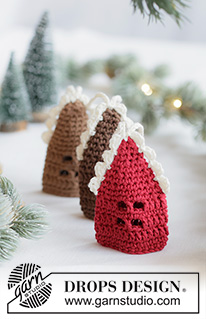 Gingerbread Lane / DROPS Extra 0-1664 - Crocheted gingerbread house / Christmas decoration in DROPS Safran. Piece is worked bottom up. Theme: Christmas.