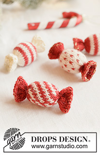 Holiday Confection / DROPS Extra 0-1669 - Stickade karameller / godis / julpynt i DROPS Flora och DROPS Glitter. Arbetet stickas från sida till sida i slätstickning med ränder och nordiskt mönster. Tema: Jul.