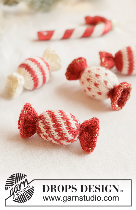 Holiday Confection / DROPS Extra 0-1669 - Stickade karameller / godis / julpynt i DROPS Flora och DROPS Glitter. Arbetet stickas från sida till sida i slätstickning med ränder och nordiskt mönster. Tema: Jul.