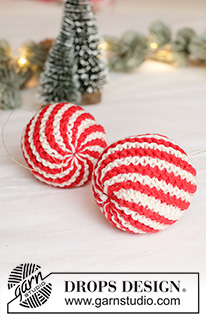 Merry Mints / DROPS Extra 0-1671 - Bombka na drutach z włóczki DROPS Cotton Merino. Przerabiana w tę i z powrotem ściegiem francuskim i w paski/ w spiralę. Temat: Boże Narodzenie.