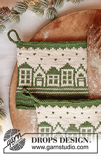 Frosty Town Potholders / DROPS Extra 0-1672 - Knitted pot-holder with Nordic pattern and houses in DROPS Cotton Light. Theme: Christmas.