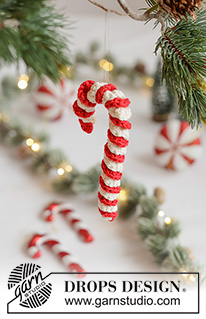 Holiday Treat / DROPS Extra 0-1675 - Crocheted sugar cane/Christmas decoration in DROPS Muskat. Piece is worked in a spiral with treble crochets. Theme: Christmas.