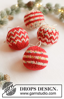 Holiday Sprinkles / DROPS Extra 0-1676 - Knitted Christmas baubles in DROPS Fiesta. The piece is worked in the round, bottom up, with Nordic pattern. Theme: Christmas.
