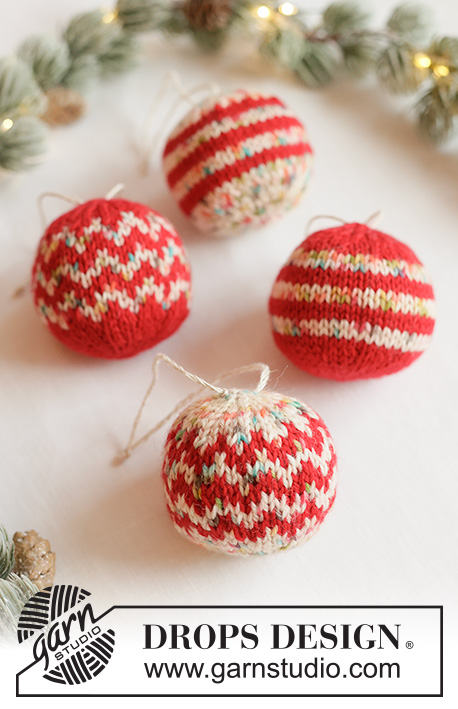 Holiday Sprinkles / DROPS Extra 0-1676 - Knitted Christmas baubles in DROPS Fiesta. The piece is worked in the round, bottom up, with Nordic pattern. Theme: Christmas.