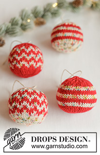 Holiday Sprinkles / DROPS Extra 0-1676 - Knitted Christmas baubles in DROPS Fiesta. The piece is worked in the round, bottom up, with Nordic pattern. Theme: Christmas.