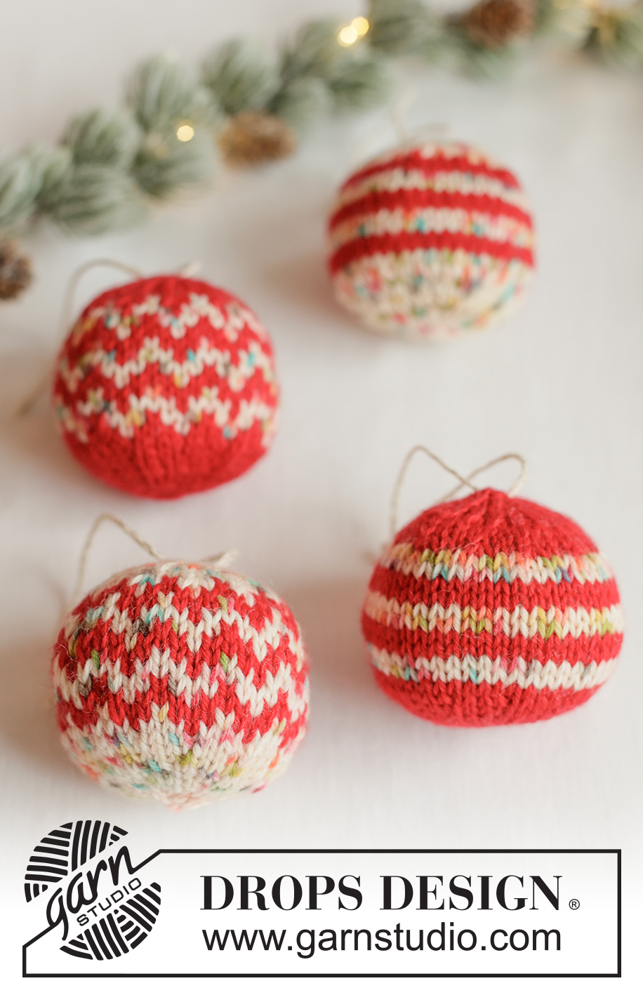 Holiday Sprinkles / DROPS Extra 0-1676 - Knitted Christmas baubles in DROPS Fiesta. The piece is worked in the round, bottom up, with Nordic pattern. Theme: Christmas.